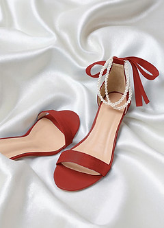 front Sandalias de tacón grueso con punta abierta, lazo y perla de satén mate a juego