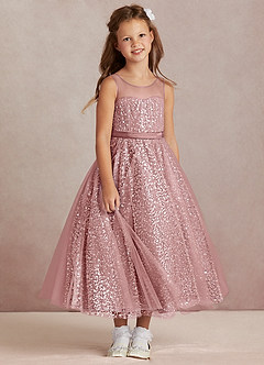 Azazie Siwa Robe Demoiselle D'honneur Fillette Robe Trapèze en Tulle Perlé Rose Poussiéreuse image2
