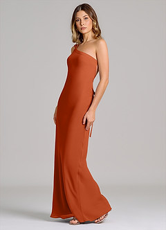Azazie Monroe Robes de demoiselle d'honneur Robe Fourreau en Mousseline de soie Une épaule Orange Brûlée image4