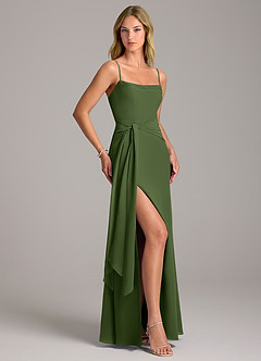 Azazie Tahlia Robes de demoiselle d'honneur Robe Trapèze en Mousseline de soie avec ceinture Olive image3