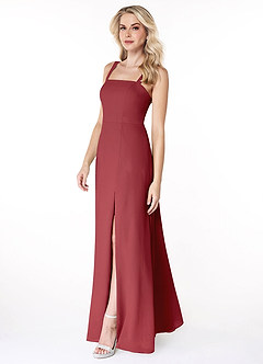 Azazie Jay Bridesmaid Dresses Pomegranate A-Line Square Neckline Side Slit Chiffon Dress image4