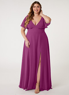 Azazie Kimber Bridesmaid Dresses Orchid A-Line Flounce Sleeve Chiffon Dress image14
