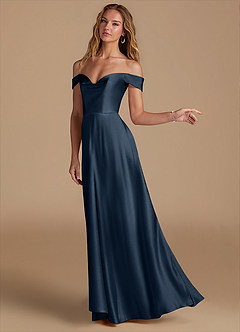 Azazie Jackalin Brautjungfernkleider Wandelbar A-Linie Schulterfrei Metallischer Satin Kleid Dunkelmarine image3