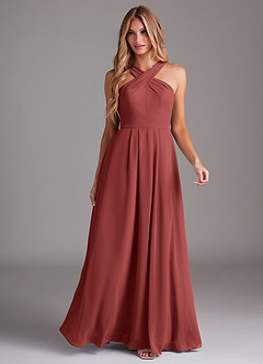 Azazie Dixie Bridesmaid Dresses Terracotta A-Line Halter Pleated Chiffon Dress image3