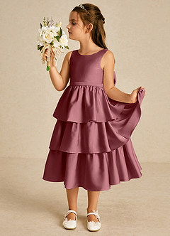 Azazie Margery Robe Demoiselle D'honneur Fillette Robe Trapèze en Satin extensible Arc Rose Du Désert image4