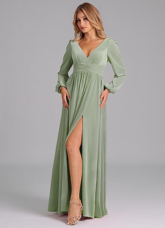Azazie Norah Bridesmaid Dresses Dusty Sage A-Line Long Sleeve Velvet Dress image4