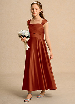 Azazie Bundle Junior Formal vestidos de niña de las flores Vestido de Pimenton de Satin Mate de Corte En A con Plisado image5