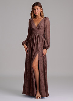 Azazie Norah Vestidos de damas de honor Vestido de Expresado de Devorado Floral de Corte en A con Manga larga image5