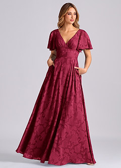 Azazie Kimber Bridesmaid Dresses Burgundy A-Line with Pockets Floral Burnout Dress image7