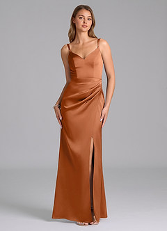 Azazie Leo Final Sale Copper Sheath Pleated Stretch Satin Dress image1
