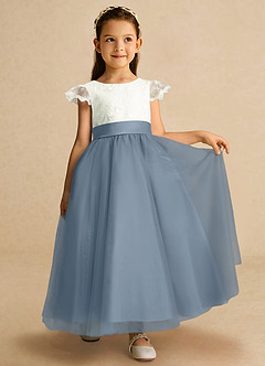 Azazie Pookie Flower Girl Dresses Dusty Blue A-Line Lace Tulle Dress image4