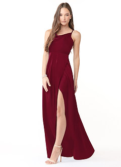 Azazie Naomie Bridesmaid Dresses Burgundy A-Line Cowl Neckline Side Slit Stretch Satin Dress image4
