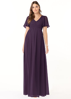 Azazie Verna Robes de demoiselle d'honneur de maternité Robe Trapèze Col V froncé Longueur ras du sol Mousseline de soie image1