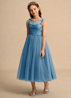 Azazie Snowball Girl Jurken voor bloemenmeisjes Baljurk Jurk van Tule Geplooid Staal Blauw image5