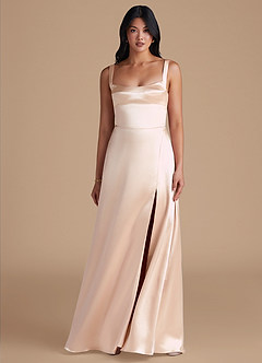 Azazie Hope Bridesmaid Dresses Rose Gold A-Line with Pockets Metallic Satin Dress image2
