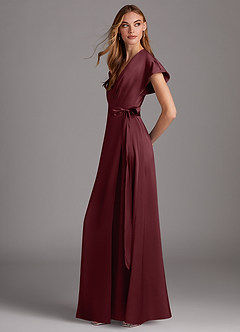 Azazie Nico Bridesmaid Dresses Cabernet A-Line V-Neck Stretch Satin Dress image2