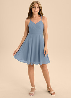 Azazie Avelina Junior Dusty Blue A-Line Pleated Chiffon Dress image1