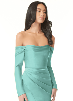 Azazie Hallie Bridesmaid Dresses Aqua Sheath Off-The-Shoulder Long Sleeve Stretch Satin Convertible Dress image1