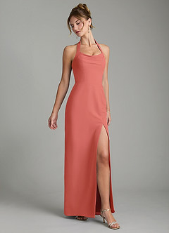 Azazie Arnelle Bridesmaid Dresses Salmon Pink Sheath Pleated Chiffon Dress image3