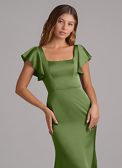 Azazie Elkie At-home Try On Dresses Emerald Mermaid Square Neckline Stretch Satin Dress image6