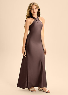 Azazie Doretta Junior Ganache A-Line Pleated Stretch Satin Dress image6