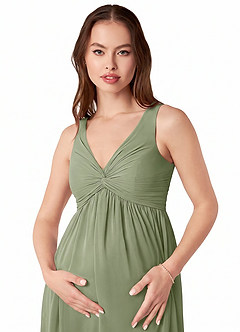 Azazie Yetta Maternity Bridesmaid Dresses A-Line V-Neck Gathered Chiffon Floor-Length Dress image6