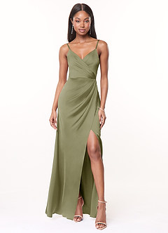Azazie Maci Bridesmaid Dresses Pistachio A-Line V-Neck Pleated Stretch Satin Dress image1