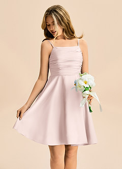 Azazie Miko Junior A-Line Plisseret Stræk satin Mini Junior brudepige Kjole image4