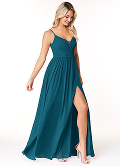 Azazie Rayna Final Sale Ink Blue A-Line V-Neck Pleated Chiffon Dress image4
