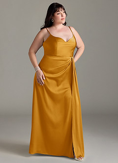 Azazie Brielle Bridesmaid Dresses Butterscotch A-Line Cowl Spaghetti Straps Stretch Satin Dress image9