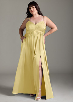 Azazie Alia Bridesmaid Dresses Lemon Sorbet A-Line Pleated Stretch Satin Dress image8