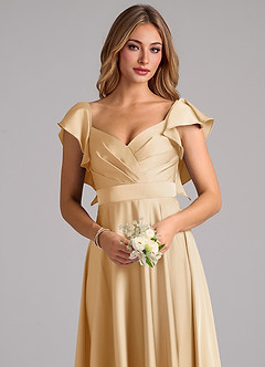 Azazie Leilani Bridesmaid Dresses Gold A-Line Ruched Stretch Satin Dress image5
