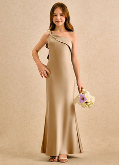 Azazie Almond Girls Formal Flower Girl Dresses Gold Sheath One Shoulder Stretch Satin Dress image4