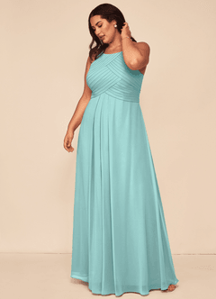 Azazie Ginger Bridesmaid Dresses Aqua A-Line Halter Pleated Chiffon Dress image12