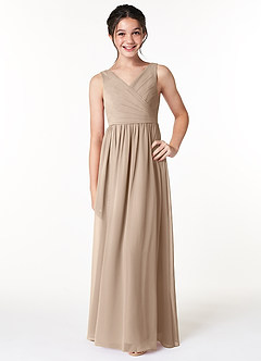Azazie Sawyer Junior Taupe A-Line Pleated Chiffon Dress image1