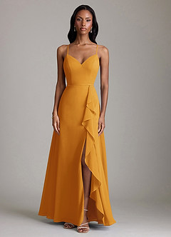 Azazie Naeem Bridesmaid Dresses Butterscotch A-Line V-Neck Ruffle Chiffon Dress image3