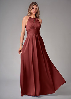 Azazie Bonnie Bridesmaid Dresses Terracotta A-Line Pleated Stretch Satin Dress image1