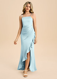 Azazie Buzzy Junior Cloud Blue Sheath Pleated Stretch Satin Dress image5