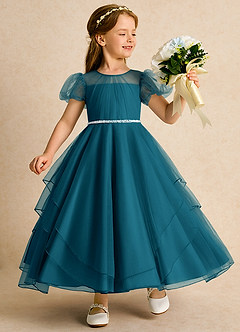 Azazie Duckie Flower Girl Dresses Ink Blue Ball-Gown Pleated Tulle Dress image1