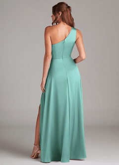 Azazie Brooke Bridesmaid Dresses Aqua A-Line One Shoulder Stretch Satin Dress image7