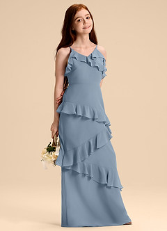Azazie Evara Junior Jurk van Chiffon met A-Lijn Stoffig Blauw image6
