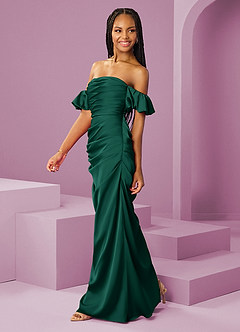 Barbie ♥ Azazie Bridesmaid Dresses Emerald Sheath Off the Shoulder Stretch Satin Convertible Dress image4