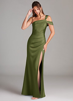 Azazie Wynter Robes de demoiselle d'honneur Robe Fourreau en Satin extensible Épaule décolletée Olive image3