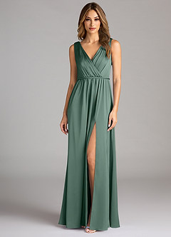 Azazie Tanicia Bridesmaid Dresses Eucalyptus A-Line Pleated Stretch Satin Dress image3