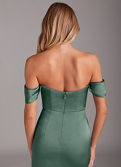 Azazie Saige Bridesmaid Dresses Eucalyptus Sheath Off the Shoulder Stretch Satin Dress image9