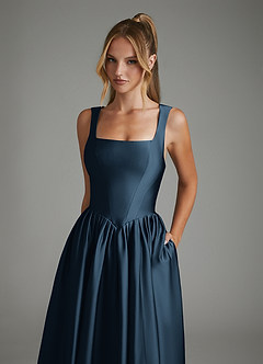 Azazie Nevaeh Bridesmaid Dresses Dark Navy A-Line Corset Stretch Satin Dress image3