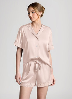 Pigiama a maniche corte con finiture in pizzo satinato