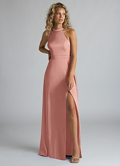 Azazie Clarice Bridesmaid Dresses Rosette A-Line High Neck Stretch Satin Dress image5