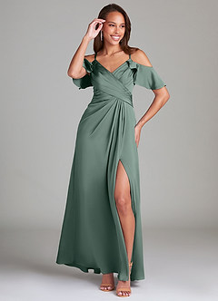 Azazie Dakota Bridesmaid Dresses Sea Moss A-Line Off the Shoulder Stretch Satin Dress image4