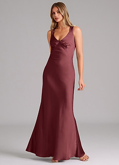 Azazie Kamila Bridesmaid Dresses Merlot A-Line Pleated Stretch Satin Dress image3